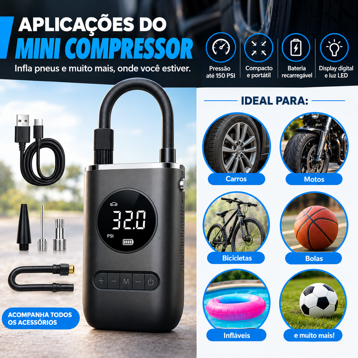 Mini Compressor de Ar Portátil – Inflador Elétrico Recarregável para Pneus