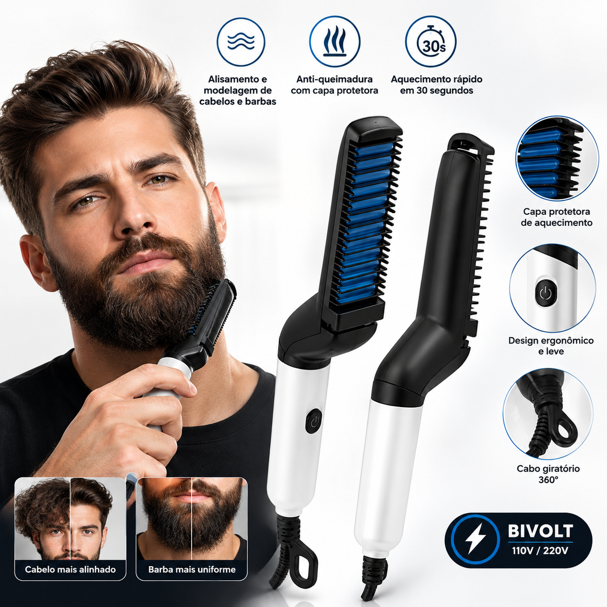 Escova Alisadora para Barba e Cabelo Masculino Bivolt – Pente Elétrico Modelador Portátil