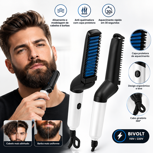 Escova Alisadora para Barba e Cabelo Masculino Bivolt – Pente Elétrico Modelador Portátil