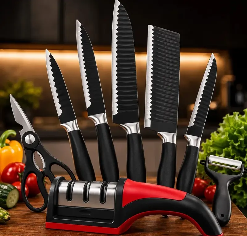 Kit 7 Peças de Facas em Aço Inox – Conjunto Completo para Cozinha, Carnes, Legumes e Churrasco