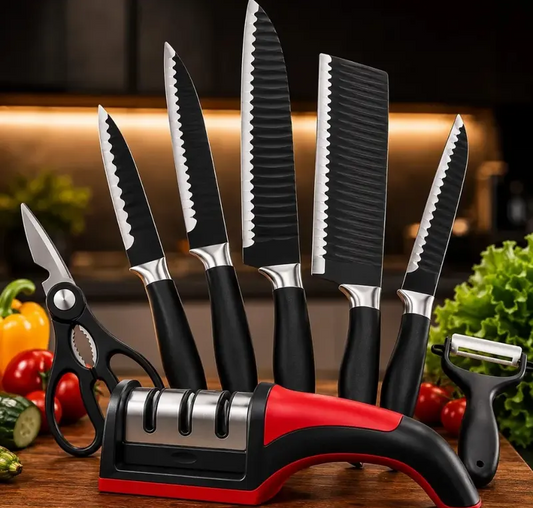 Kit 7 Peças de Facas em Aço Inox – Conjunto Completo para Cozinha, Carnes, Legumes e Churrasco