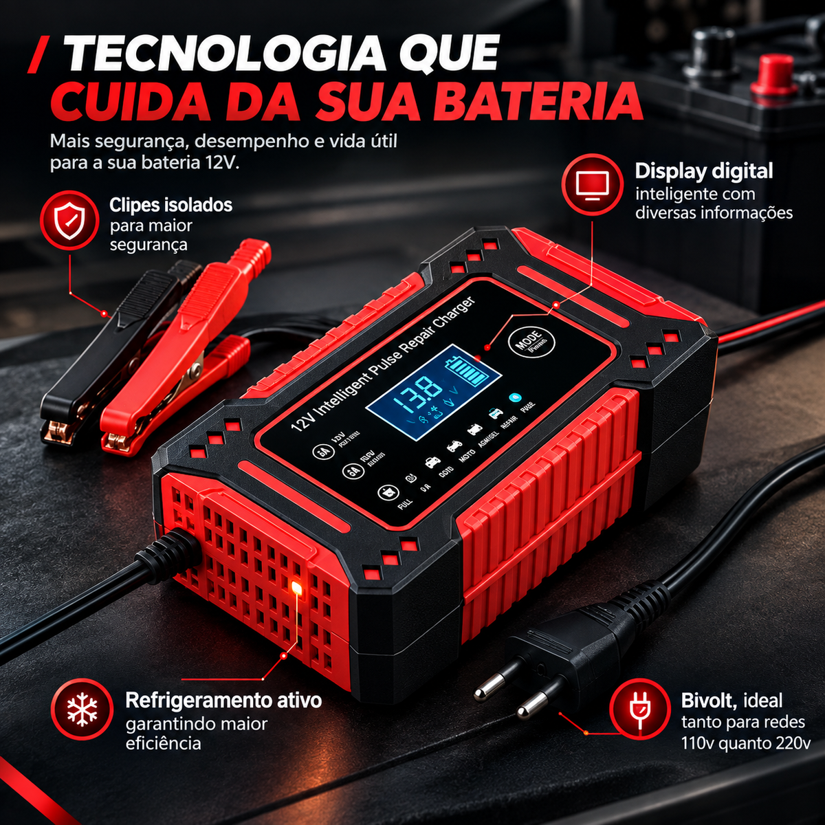 Carregador de Bateria 12V 6A Inteligente Bivolt – Automotivo para Carros e Motos