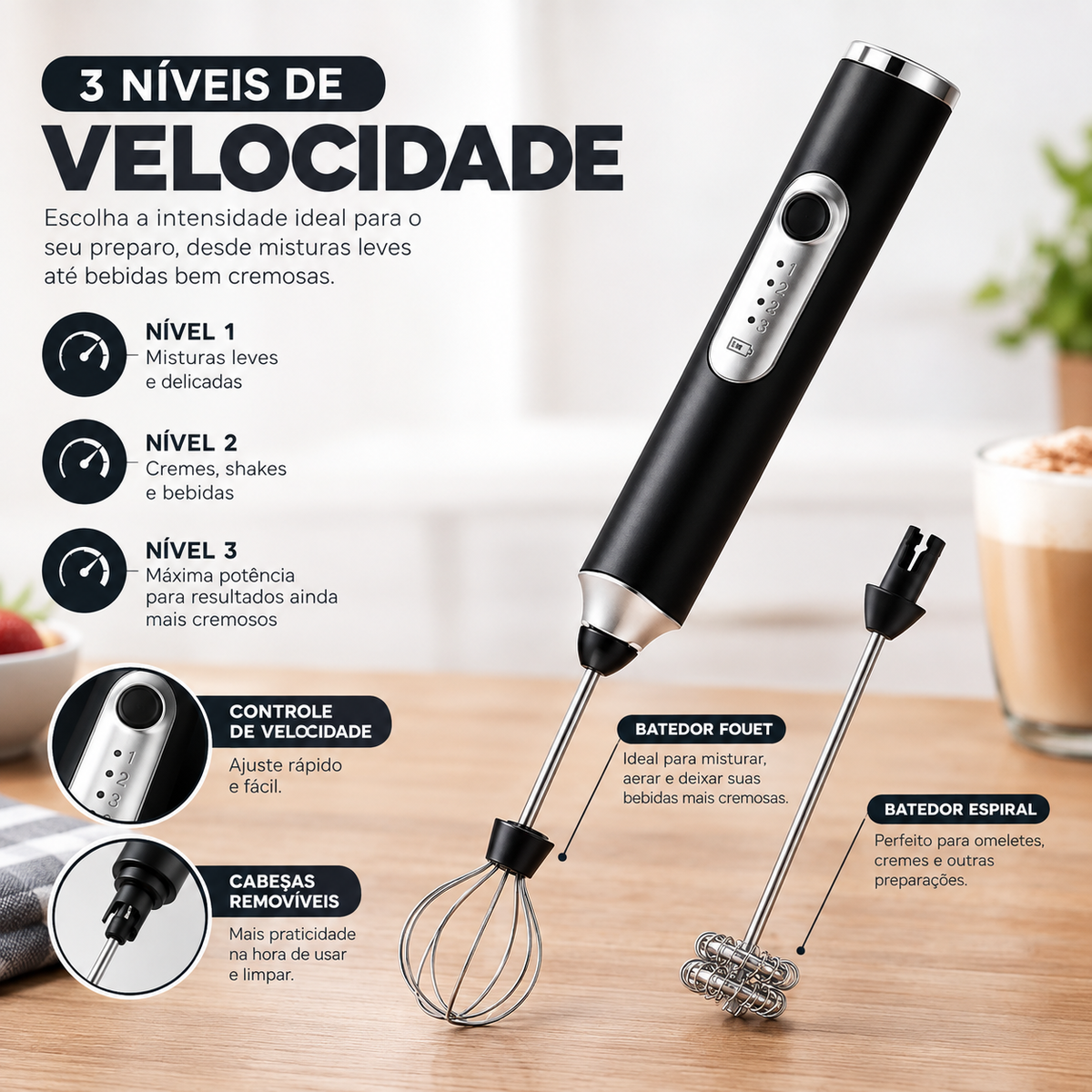 Batedor Mixer Elétrico 2 em 1 – Misturador para Café, Leite, Bebidas e Clara de Ovo