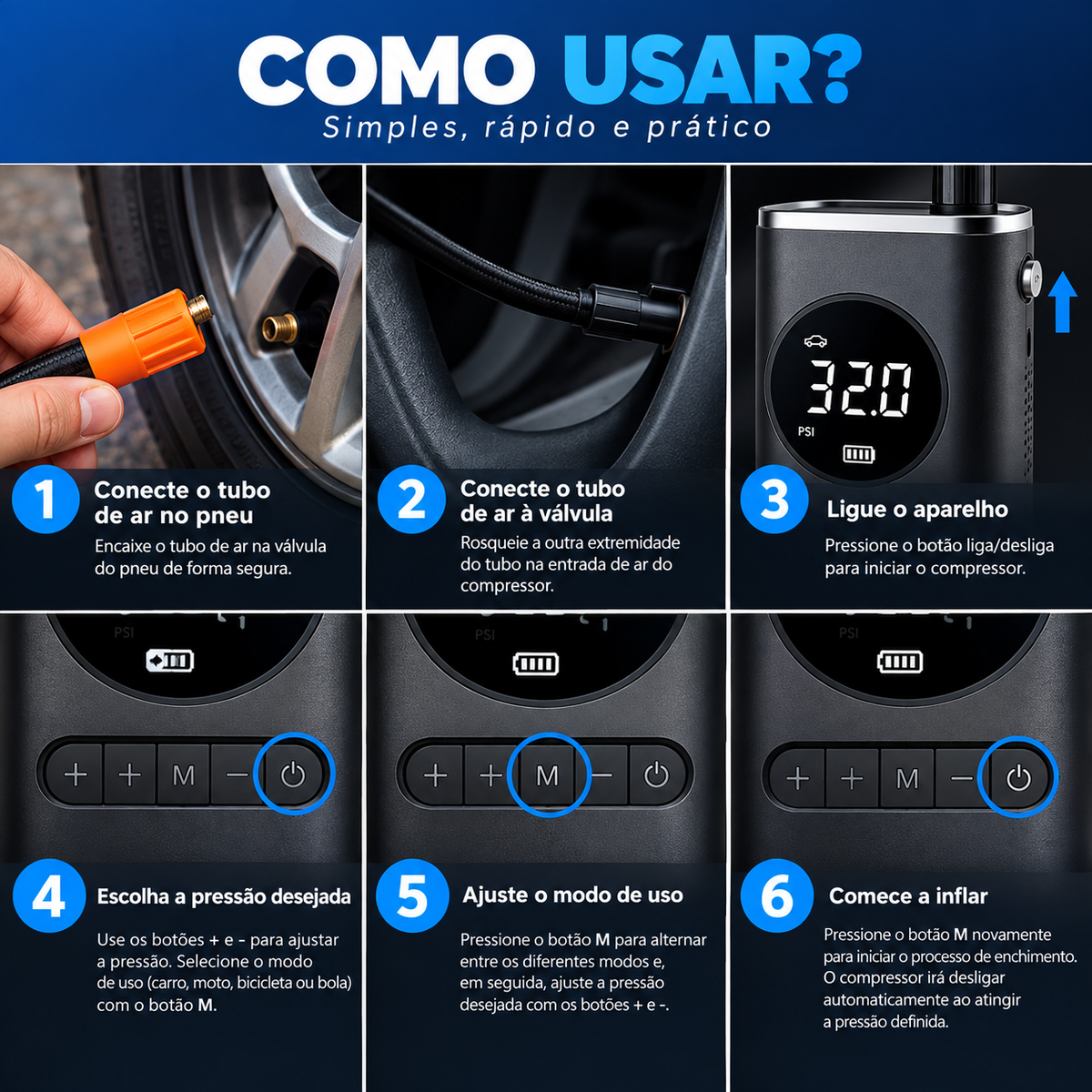Mini Compressor de Ar Portátil – Inflador Elétrico Recarregável para Pneus