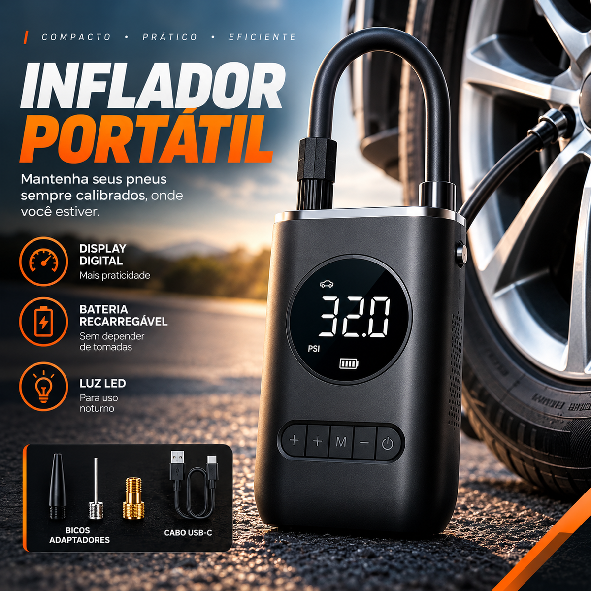 Mini Compressor de Ar Portátil – Inflador Elétrico Recarregável para Pneus