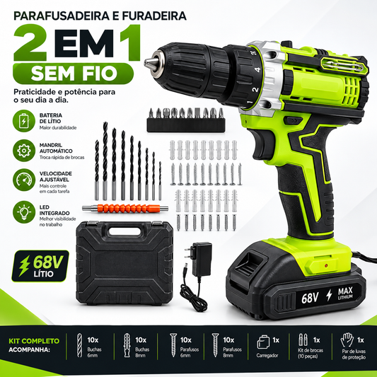 Parafusadeira e Furadeira Sem Fio 2 em 1 – Kit Completo com Bateria de Lítio