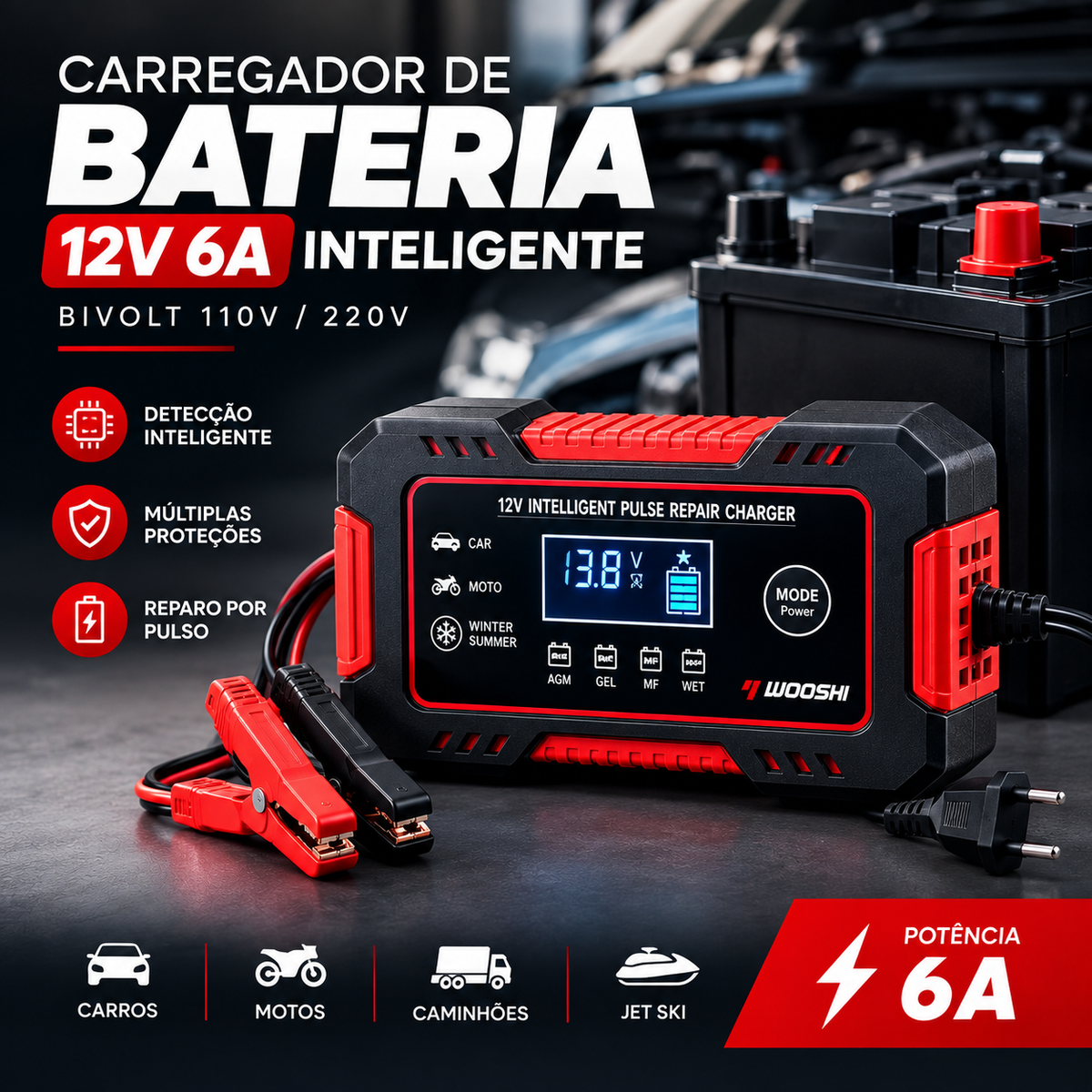 Carregador de Bateria 12V 6A Inteligente Bivolt – Automotivo para Carros e Motos